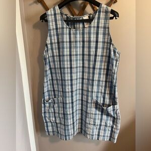 Vintage 90s plaid pull over dress with large pockets blue and white L